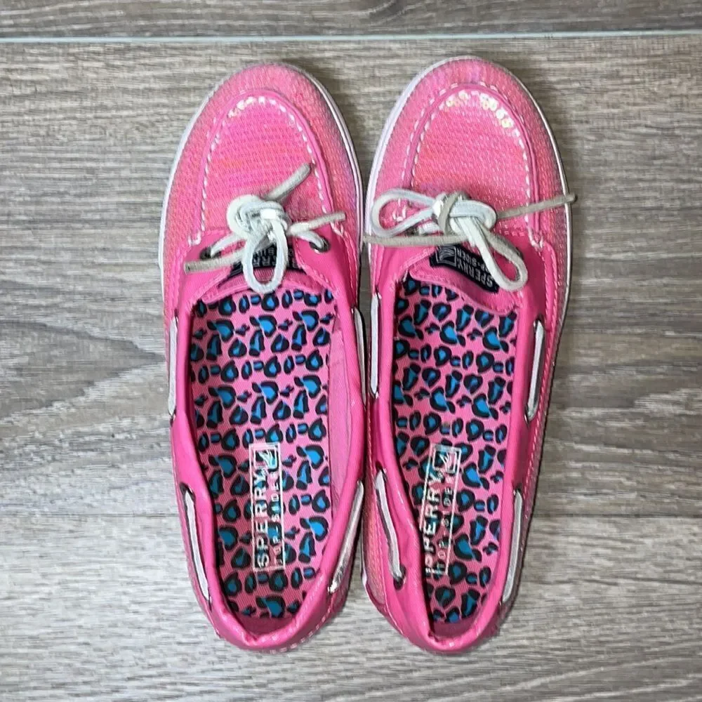 Sperry Top Sider Bahama One Eye Big Girl Sz 5M Pink Sequin Slip On Boat Shoe